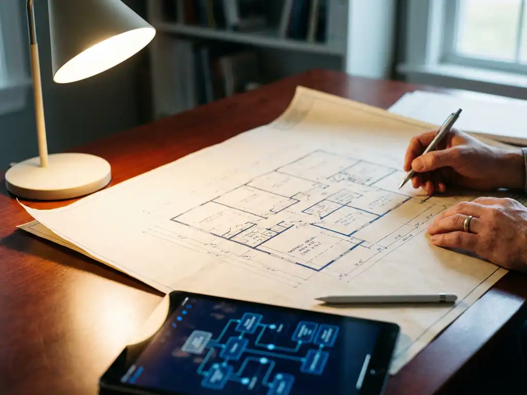 Architektur-Blaupausen auf Mahagoni-Schreibtisch mit Tablet, das Workflow-Diagramme zeigt, silberner Stift und warme Schreibtischlampe