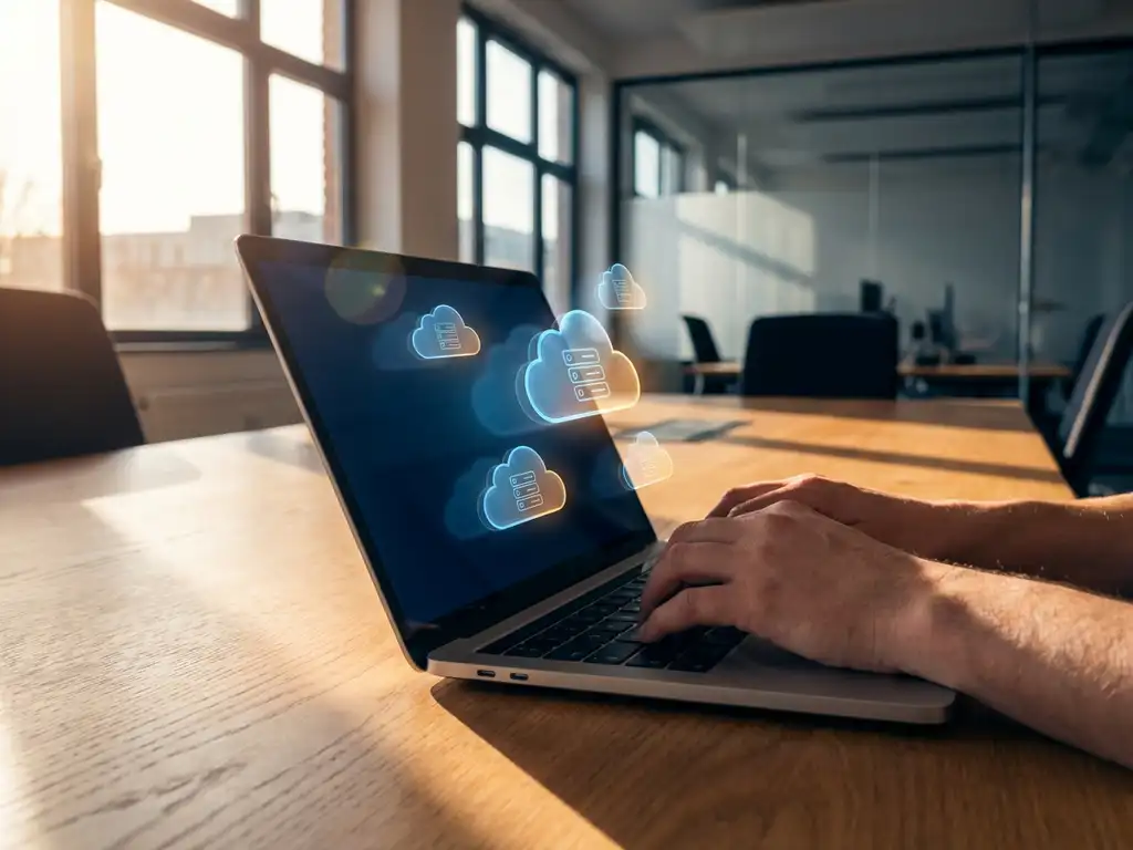 Moderner Laptop mit leuchtenden Cloud-Server-Symbolen über dem Bildschirm auf Holztisch in deutschem Büro