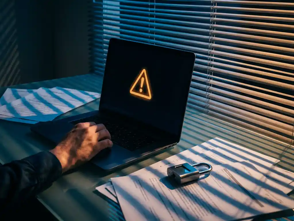 Laptop mit Warndreieck auf Glasschreibtisch umgeben von Sicherheitsdokumenten und digitalem Schloss, dramatische Schatten durch Jalousien