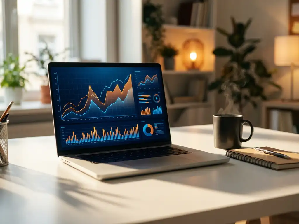 Digitales Dashboard mit bunten Leistungsdiagrammen auf Laptop-Bildschirm neben Kaffeetasse auf weißem Bürotisch