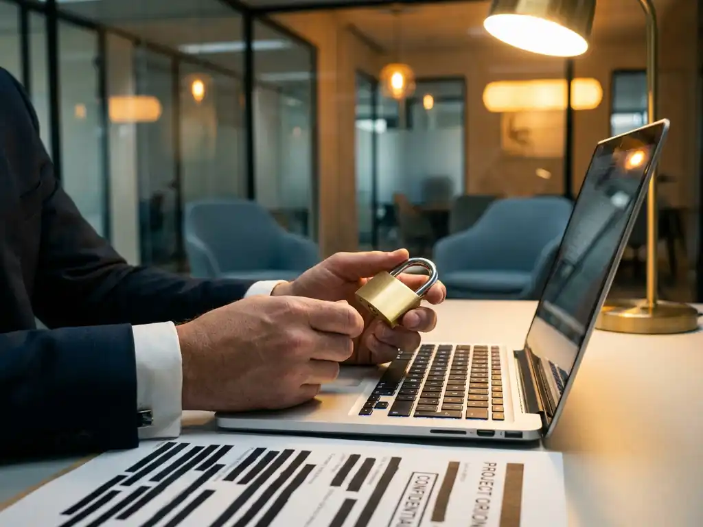 Geschäftsmann platziert Messingschloss auf Laptop-Tastatur zum Schutz vertraulicher Dokumente im modernen Büro