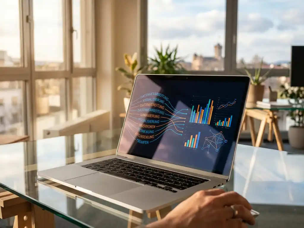 Laptop mit deutschen Textströmen und Datenvisualisierungen auf Glasschreibtisch in hellem Karlsruher Büro
