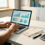 Laptop mit bunten Finanzdiagrammen auf weißem Schreibtisch neben Rechnungsstapel, Taschenrechner und Stift