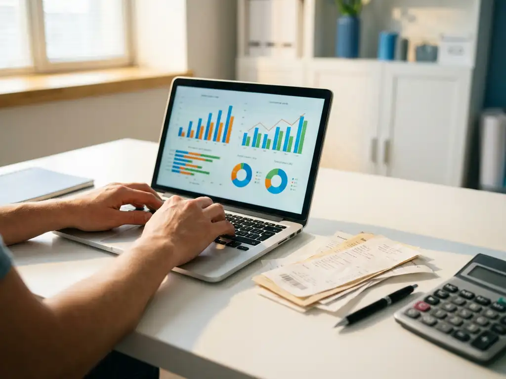 Laptop mit bunten Finanzdiagrammen auf weißem Schreibtisch neben Rechnungsstapel, Taschenrechner und Stift