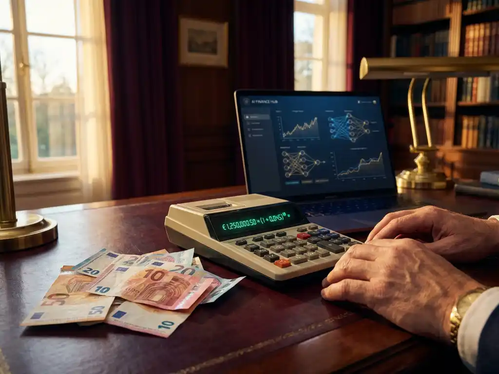Taschenrechner mit Finanzberechnungen auf Mahagoni-Schreibtisch neben Euro-Banknoten und Laptop mit KI-Interface