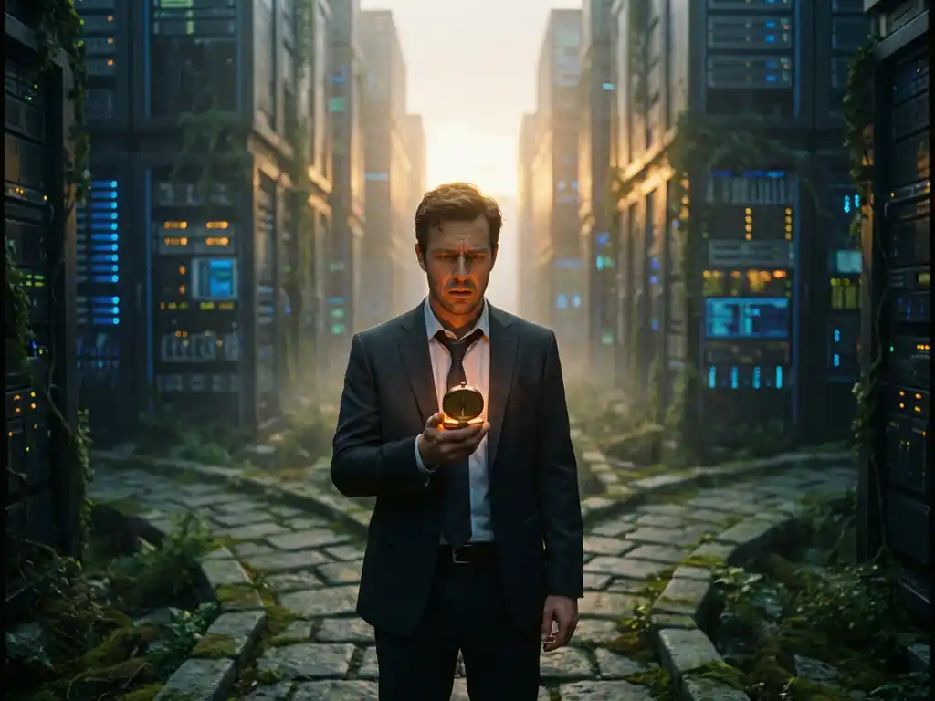 Geschäftsmann im dunklen Anzug steht an Kreuzung steinerner Pfade mit leuchtenden Kompass, umgeben von serverartigen Mauern