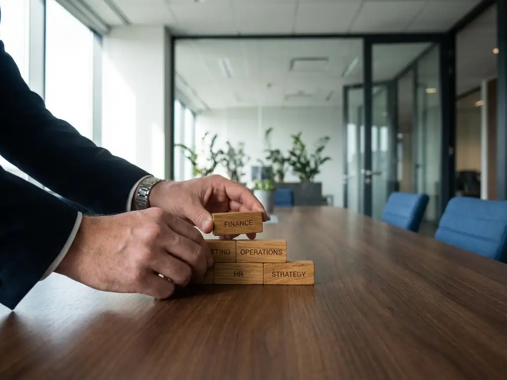 Geschäftsführer arrangiert Holzbausteine zu Pyramidenstruktur auf Konferenztisch in modernem Büro