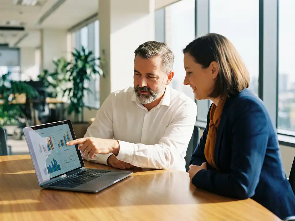 IT-Berater zeigt Geschäftsinhaber Datenvisualisierungen auf Laptop-Bildschirm am Konferenztisch