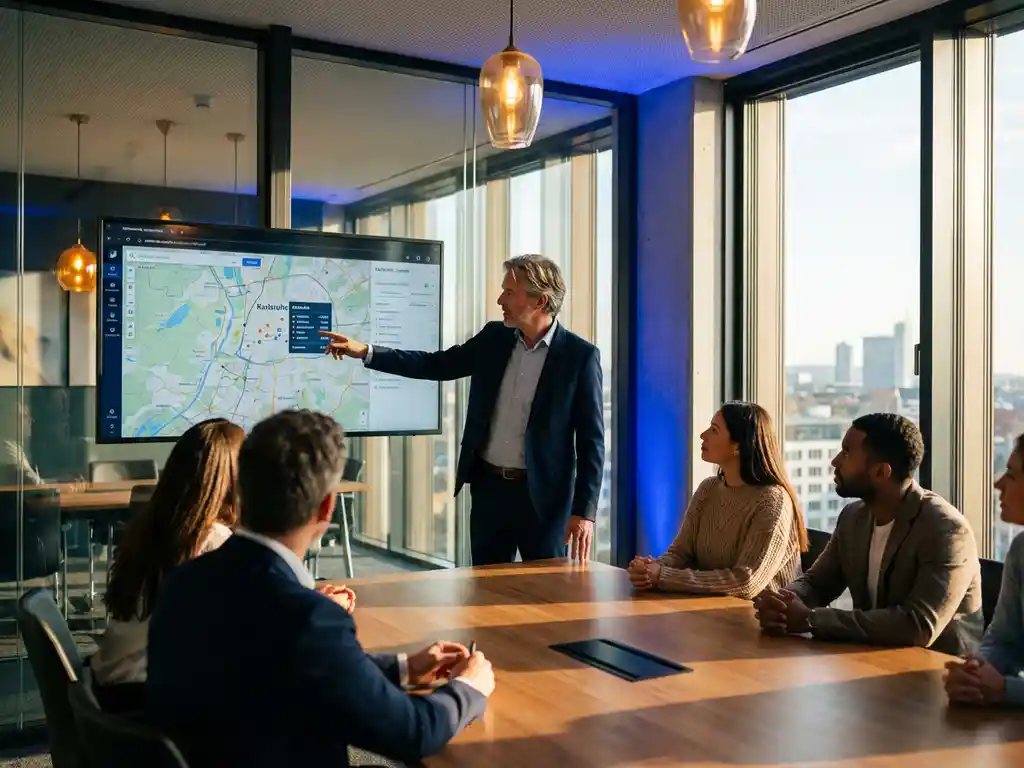 IT-Berater im Anzug zeigt Kleinunternehmern digitale Karte von Karlsruhe auf Wandmonitor in modernem Konferenzraum