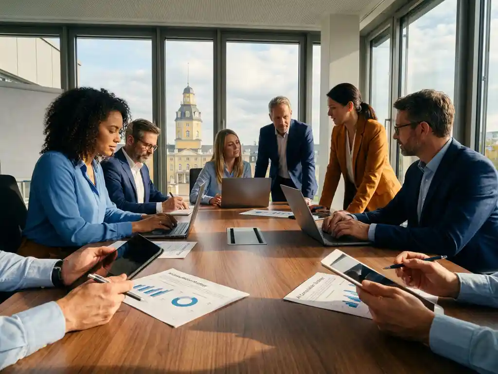 Diverse Geschäftsteam bespricht KI-Beratungsdokumente am Konferenztisch in Karlsruher Büro mit Schlossturm-Blick