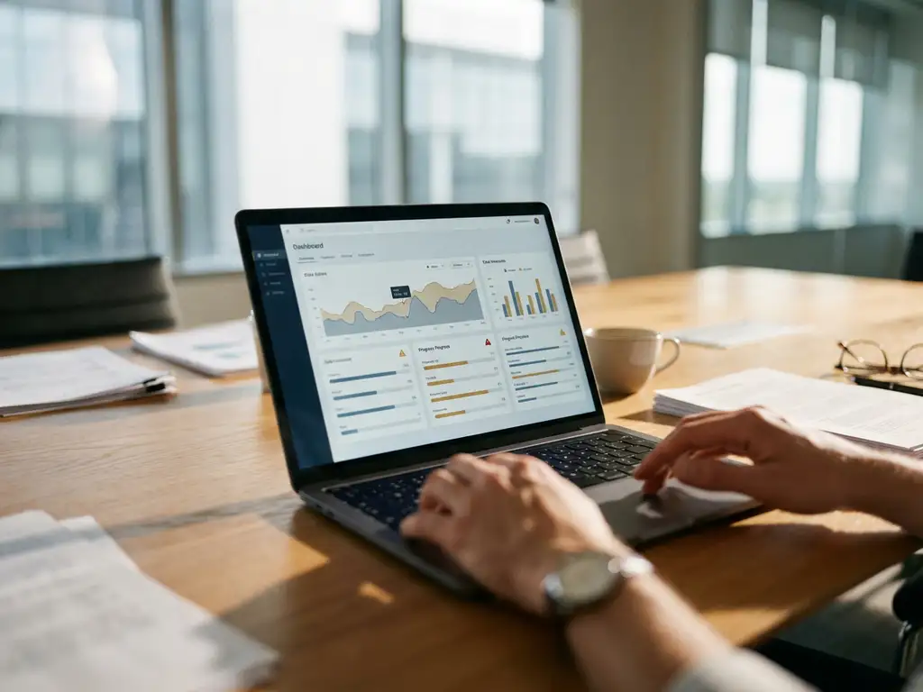 Laptop mit AI-Dashboard auf Holzkonferenztisch, umgeben von Geschäftsdokumenten und Kaffeetasse im Büro