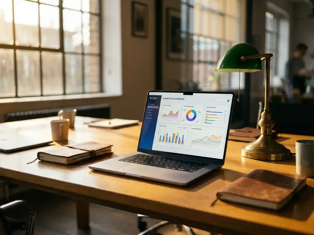 Laptop mit bunten KI-Dashboard-Analysen auf Holzkonferenztisch neben Lederbüchern und Messinglampe bei warmem Sonnenlicht