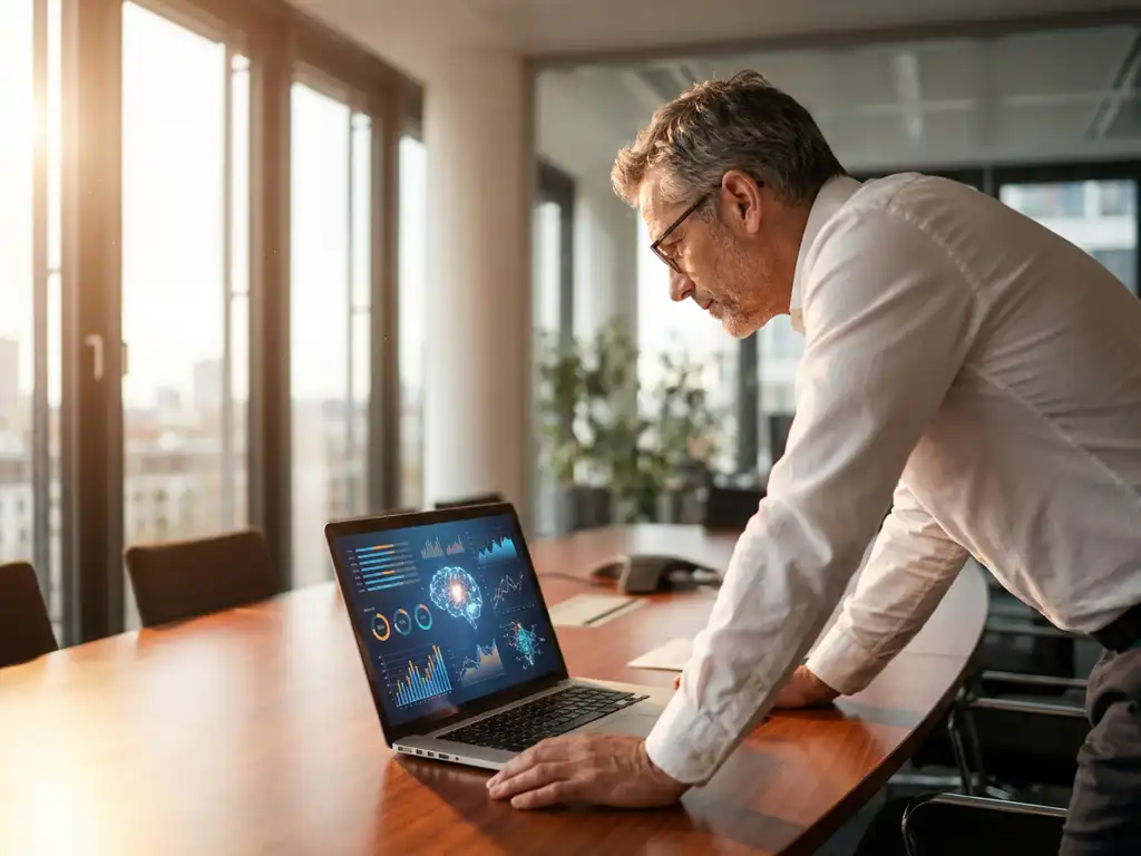Geschäftsinhaber betrachtet Laptop mit Datenvisualisierungen und neuronalen Netzwerkdiagrammen am Konferenztisch