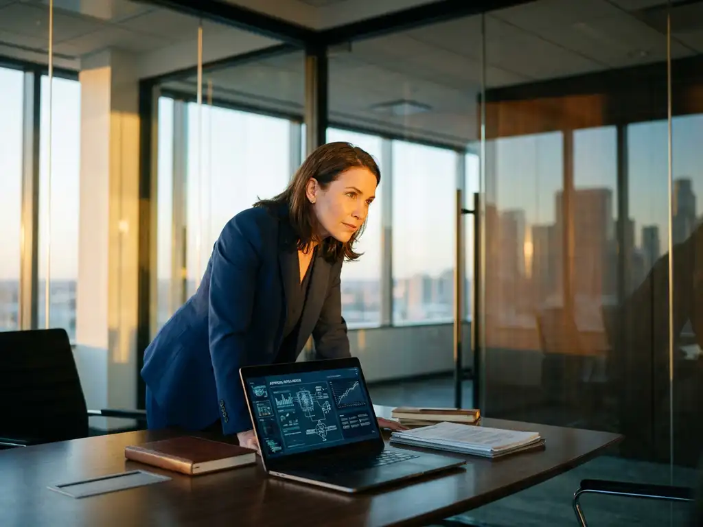 Geschäftsführer in maßgeschneidertem Anzug arbeitet mit KI-Konzepten am Laptop im modernen Glaskonferenzraum