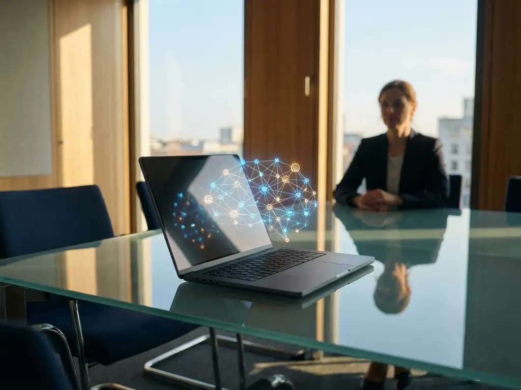 Moderner Laptop mit holographischer KI-Netzwerk-Projektion auf Glastisch in deutschem Büro mit warmem Tageslicht