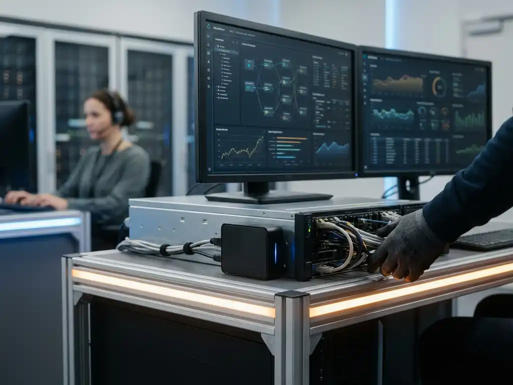 Moderner Arbeitsplatz mit zwei Monitoren zeigt Systemdashboards, AI-Verarbeitungseinheit in Serverrack integriert