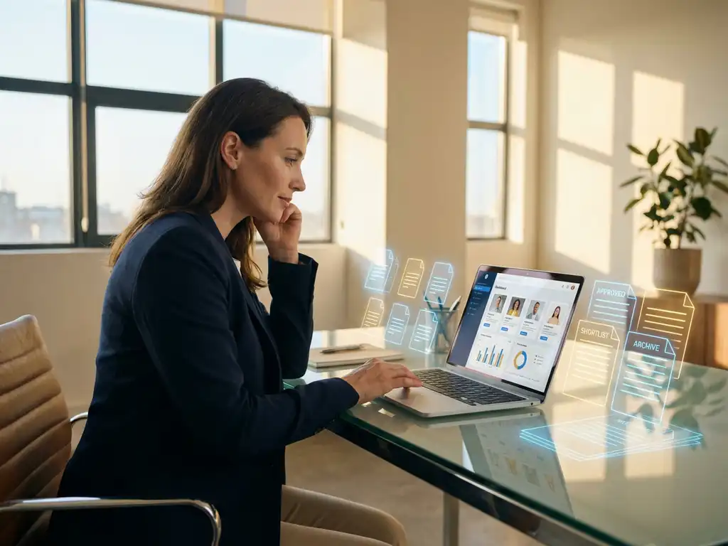 HR-Manager prüft Kandidatenprofile auf Laptop während KI-Algorithmen digitale Lebensläufe auf modernem Glasschreibtisch sortieren