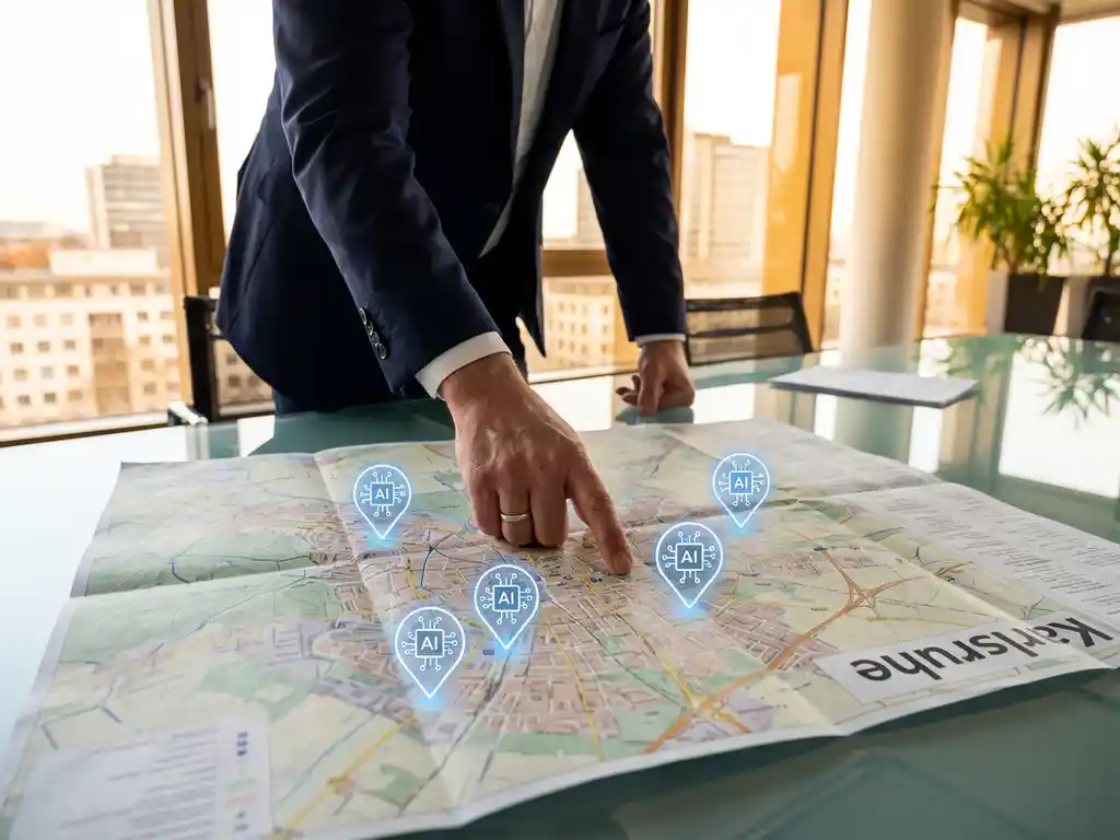 Geschäftsmann in dunklem Anzug zeigt auf Karlsruhe-Stadtplan mit KI-Schaltkreis-Symbolen auf Glastisch im Büro
