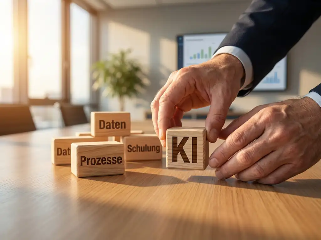 Geschäftsinhaber platziert ersten Holzbaustein mit "KI" auf Konferenztisch, weitere Blöcke "Daten", "Prozesse", "Schulung" bereit