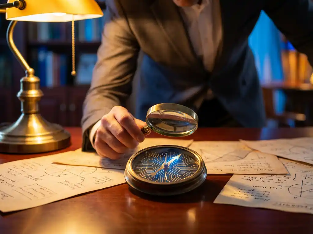 Geschäftsprofi betrachtet Kompass mit KI-Schaltkreismuster auf Mahagoni-Schreibtisch mit strategischen Dokumenten