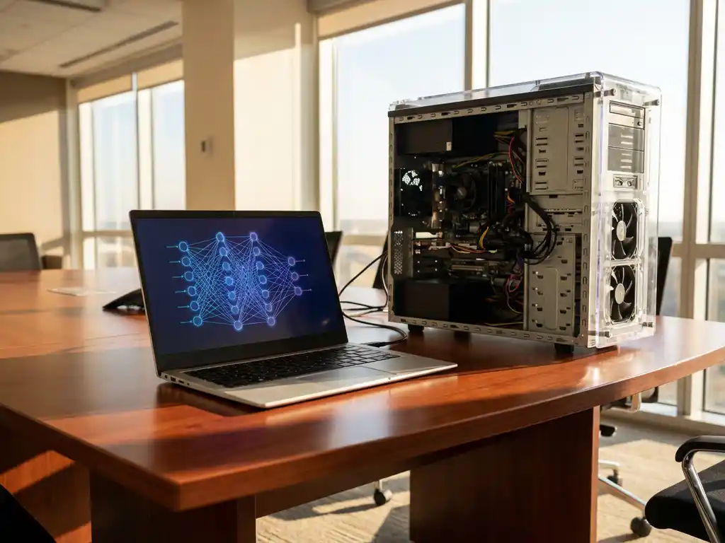 Moderner Laptop mit neuronaler Netzwerk-Visualisierung neben traditionellem Desktop-Computer auf Holzkonferenztisch