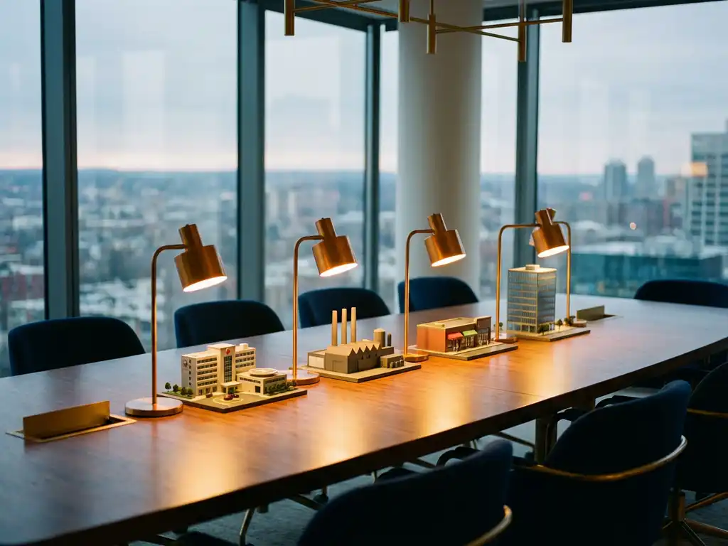 Moderne Konferenztischoberfläche mit beleuchteten Miniaturmodellen von Krankenhaus, Fabrik, Einzelhandel und Bürogebäude in warmen Goldtönen