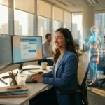 Professionelle Kundenberaterin am modernen Arbeitsplatz mit zwei Monitoren und AI-Hologramm-Assistent bei warmem Bürolicht