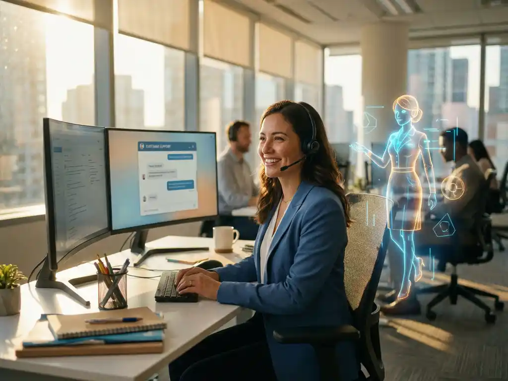 Professionelle Kundenberaterin am modernen Arbeitsplatz mit zwei Monitoren und AI-Hologramm-Assistent bei warmem Bürolicht
