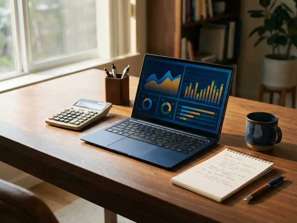 Moderner Büroschreibtisch aus Walnussholz mit Laptop, Taschenrechner, Notizblock und Kaffeetasse bei warmem Tageslicht