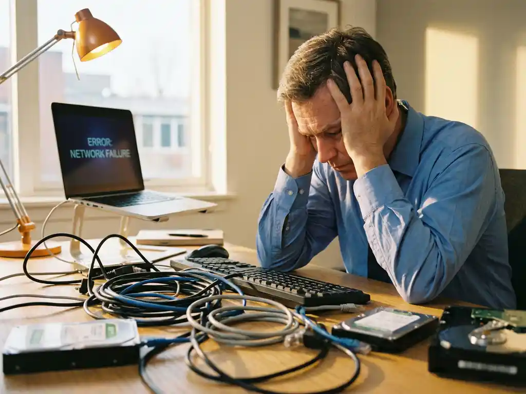 Frustrierter Geschäftsmann betrachtet verworrene Ethernet-Kabel und Computer-Komponenten auf modernem Bürotisch