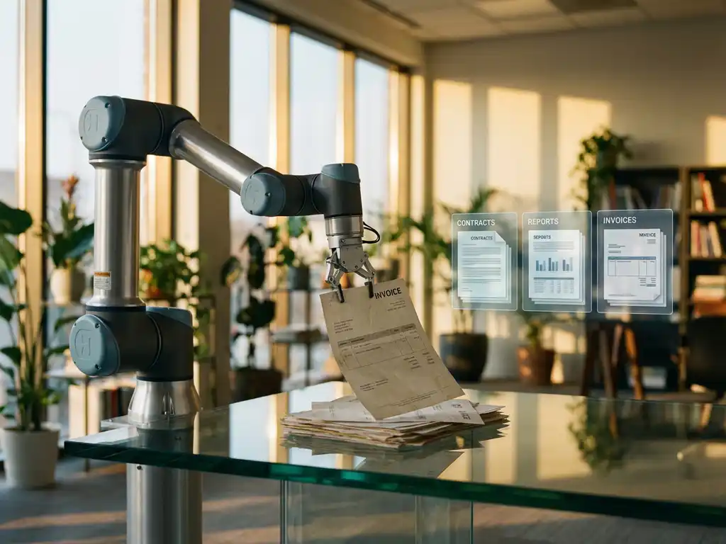 Roboterarm sortiert Papierdokumente auf Glasschreibtisch in modernem Büro mit warmem Tageslicht