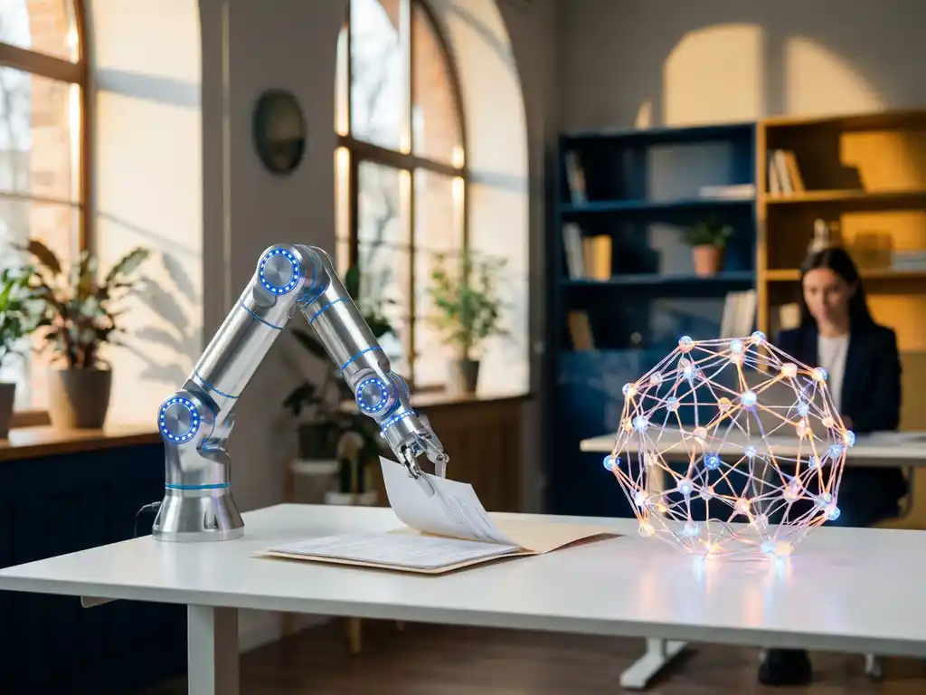 Moderner Roboterarm und leuchtende KI-Gehirn aus Lichtnetzwerk arbeiten gemeinsam an einem weißen Schreibtisch im Büro
