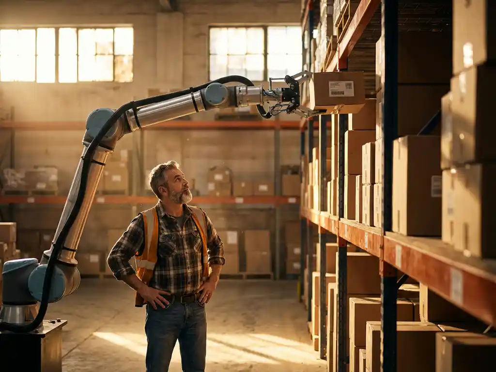 Roboterarm greift präzise Karton aus hohen Lagerregalen während Lagerleiter in Arbeitskleidung von unten beobachtet
