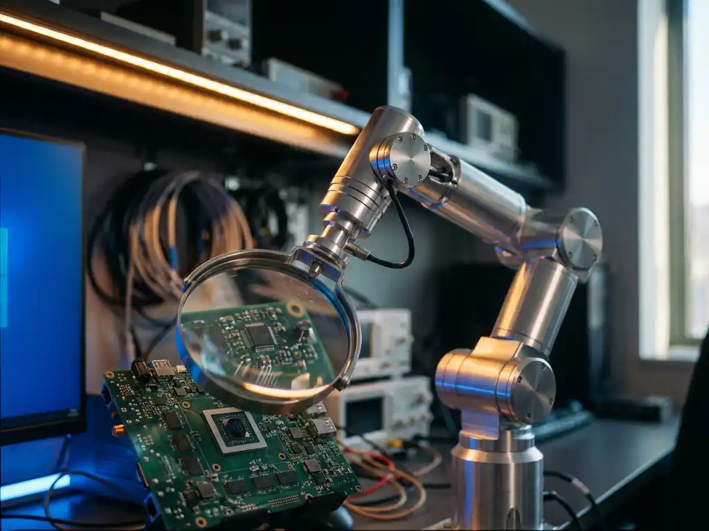 Präzisions-Roboterarm mit Lupe untersucht Computerplatine mit Mikrochips auf modernem Labortisch