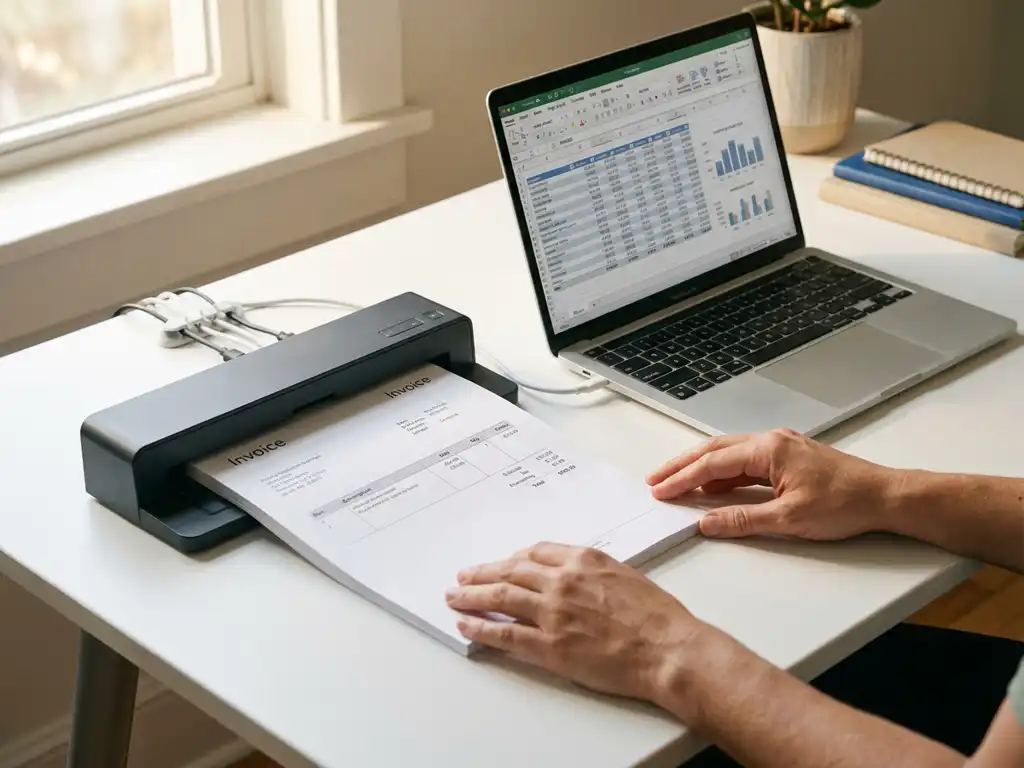 Scanner verarbeitet Papierrechnungen während Laptop organisierte digitale Daten auf modernem Büroschreibtisch anzeigt