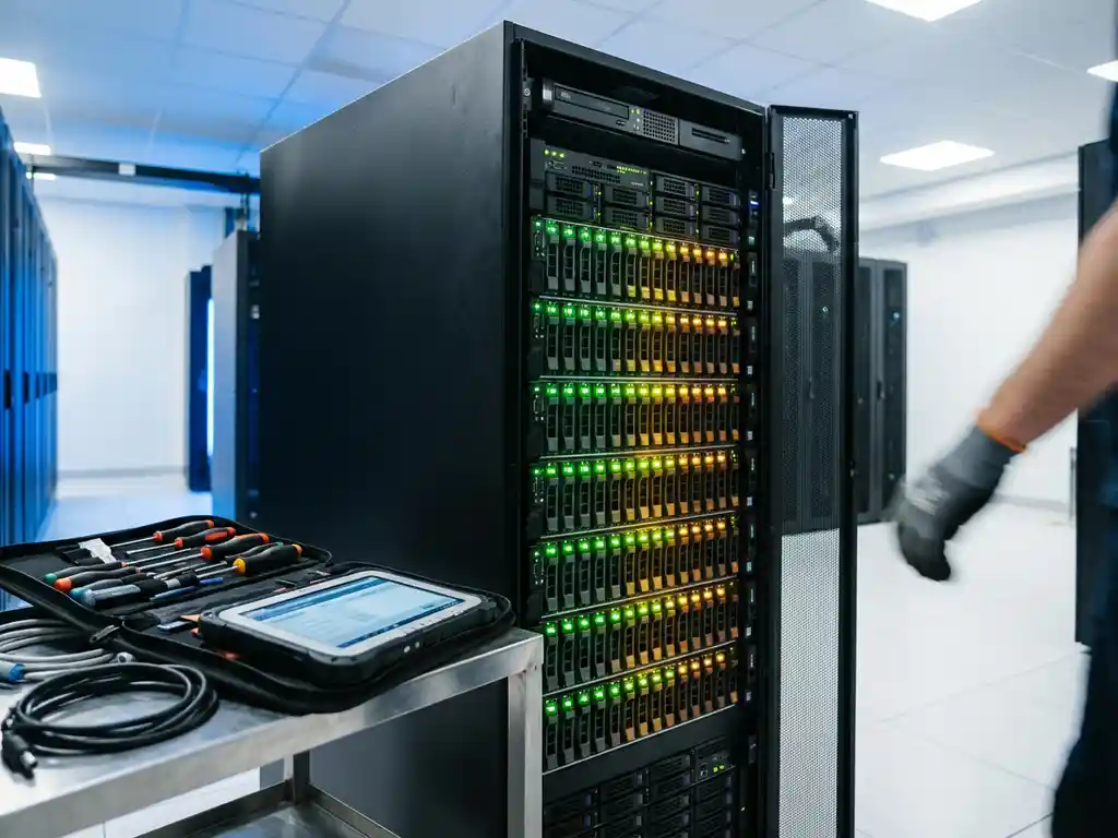 Server-Rack mit grün und orange leuchtenden Statusanzeigen in modernem Rechenzentrum mit Wartungswerkzeugen
