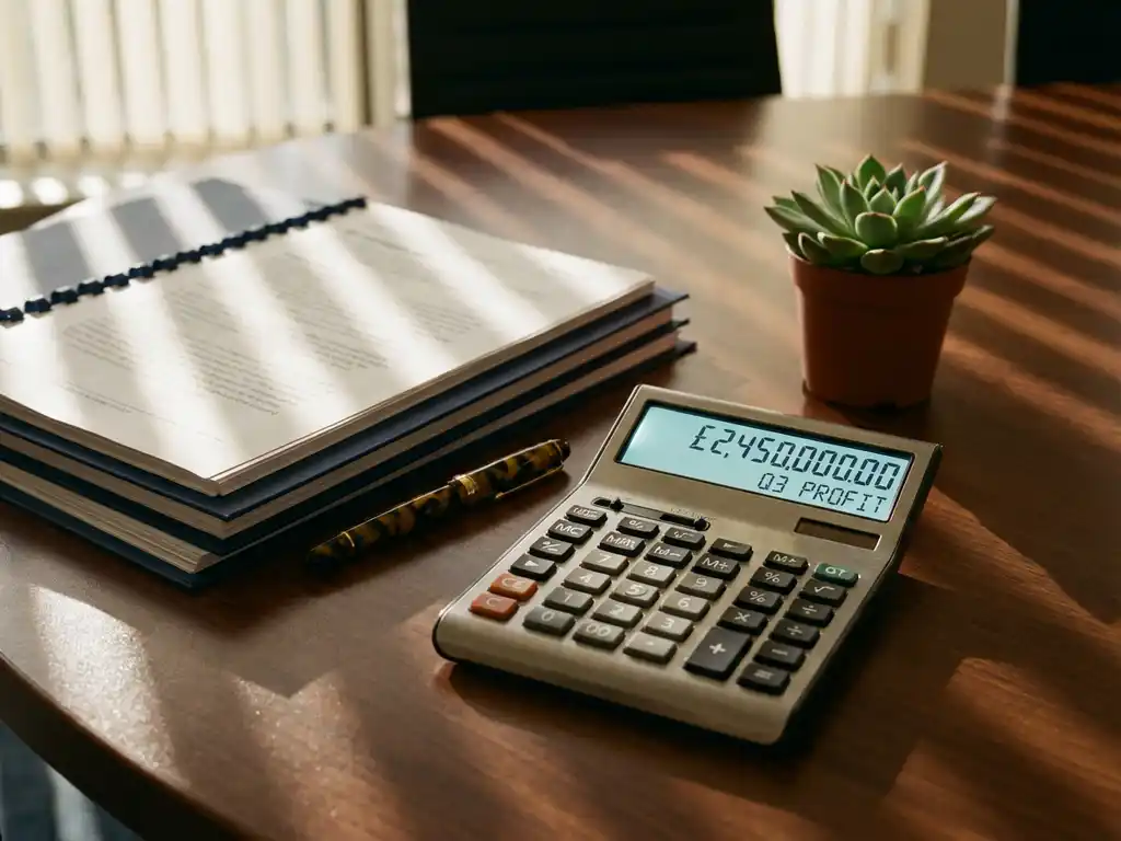 Taschenrechner mit Finanzzahlen auf Mahagoni-Konferenztisch neben Quartalsberichten und Füllfederhalter bei warmem Sonnenlicht