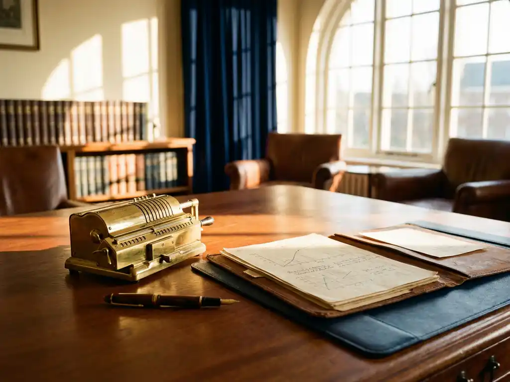 Messingrechner und Füllfederhalter auf Mahagoni-Konferenztisch neben offenem Lederportfolio mit Strategiedokumenten