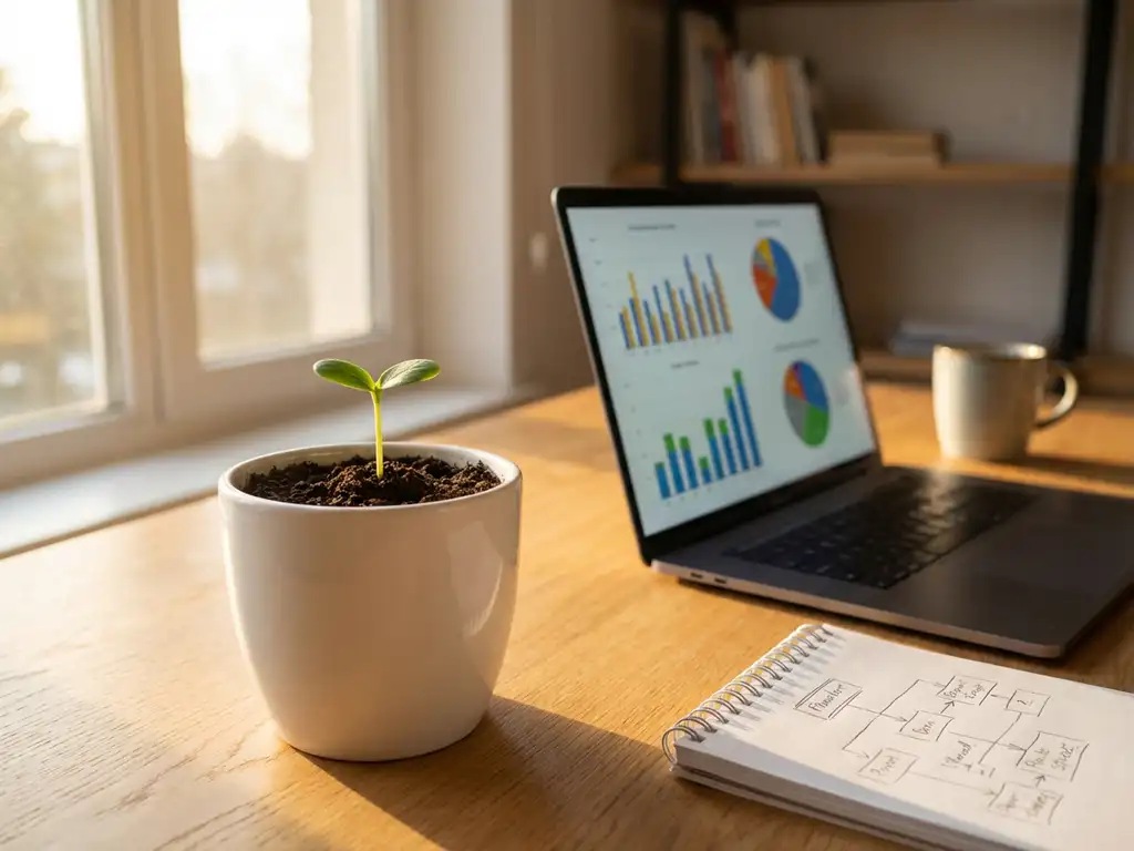 Grüner Setzling in weißem Keramiktopf auf Eichenschreibtisch neben Laptop mit Datendiagrammen im warmen Morgenlicht