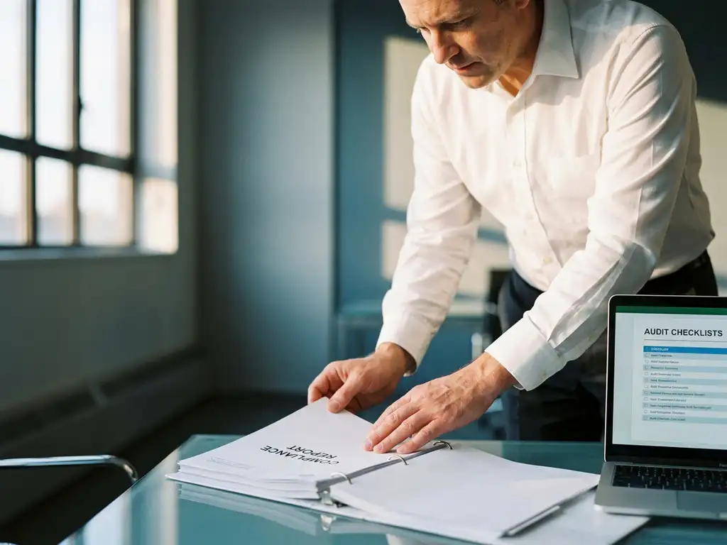IT-Berater in weißem Hemd prüft Compliance-Dokumente an modernem Glastisch mit Laptop und Audit-Checklisten im Büro