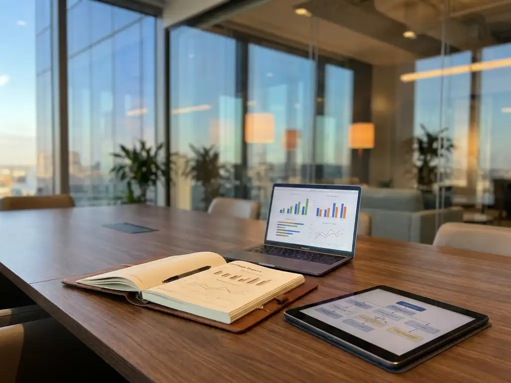Polierter Konferenztisch mit Beratungsunterlagen: gebundenes Strategiedokument, Laptop mit Datenvisualisierungen und Tablet mit KI-Workflows in modernem Glaswandbüro