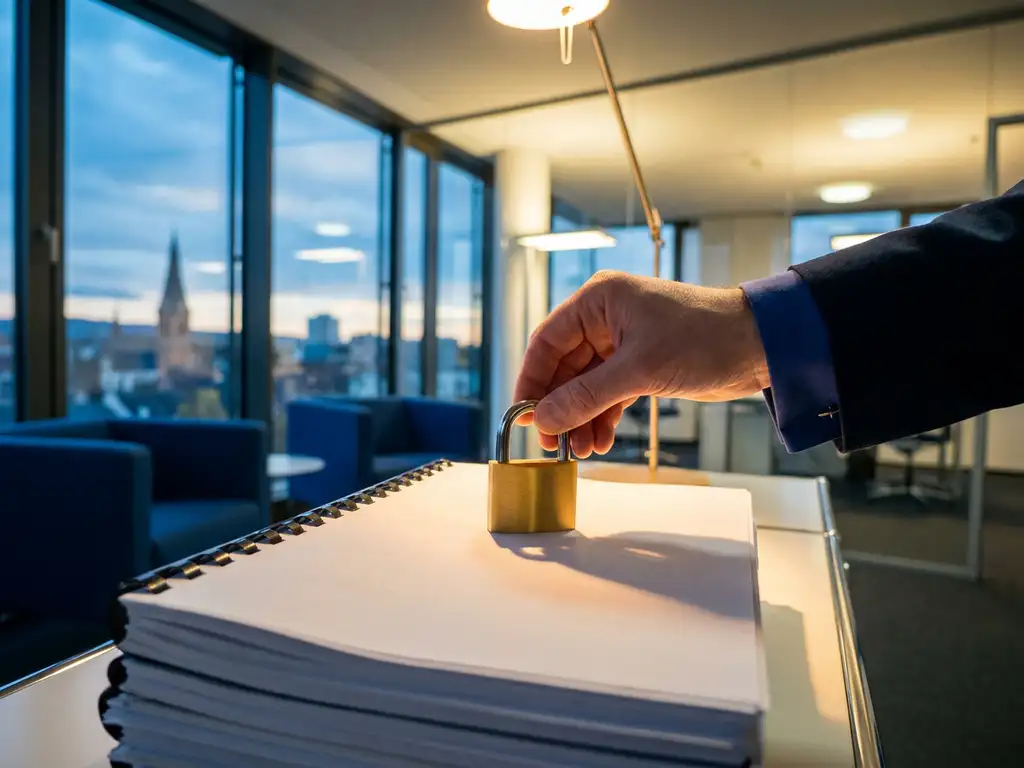 Hand platziert goldenes Vorhängeschloss auf Stapel von Rechtsdokumenten in modernem Karlsruher Büro mit Stadtblick