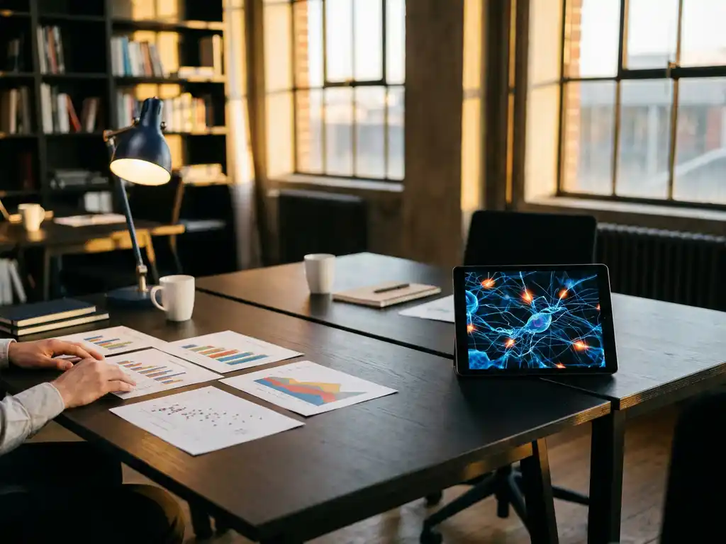 Moderner Büroschreibtisch mit zwei Arbeitsplätzen, einer mit Datenvisualisierungsdiagrammen auf Papier, der andere mit KI-Netzwerkdiagramm auf Tablet