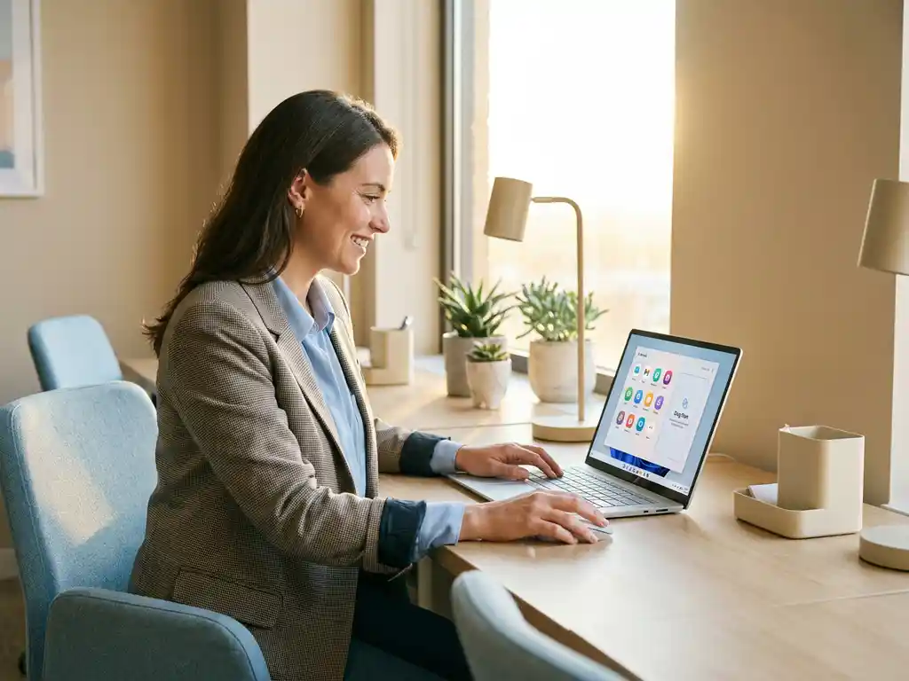 Geschäftsmann arbeitet konzentriert am Laptop mit Drag-and-Drop-Interface in modernem Büro mit Tageslicht und Pflanzen