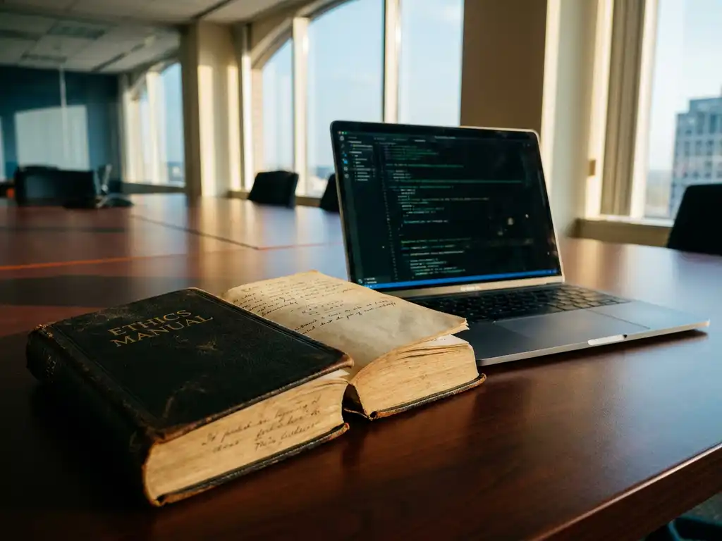 Aufgeschlagenes Ethik-Handbuch aus Leder neben modernem Laptop mit Code auf Mahagoni-Konferenztisch im Büro