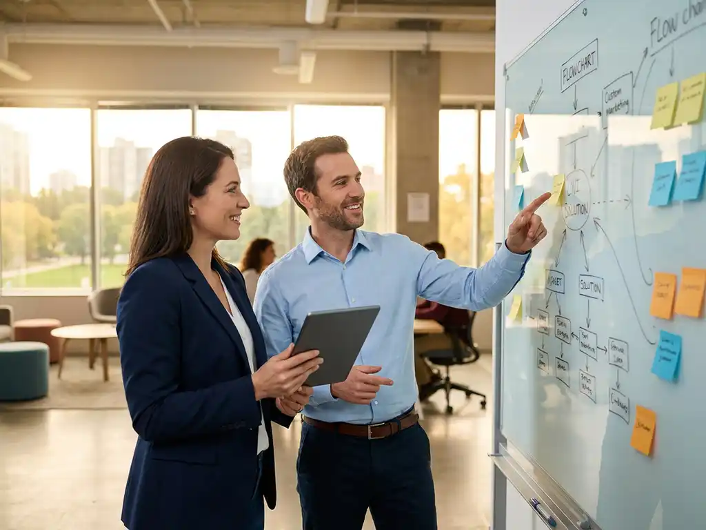 Geschäftsprofis diskutieren KI-Trainingspläne vor einem Whiteboard mit bunten Haftnotizen in modernem Büro