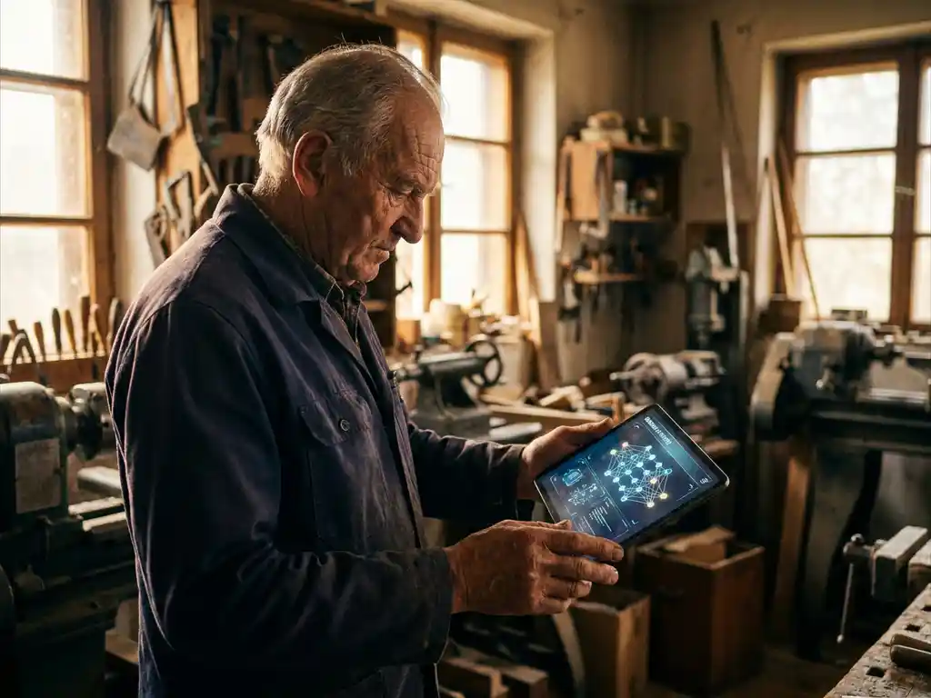 Handwerker in traditioneller Werkstatt betrachtet modernes Tablet mit KI-Interface, umgeben von Vintage-Holzbearbeitungstools