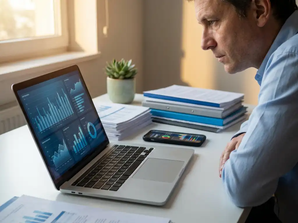 IT-Berater analysiert Leistungsmetriken auf Laptop-Bildschirm neben Analytics-Berichten und Smartphone mit Dashboard-Charts