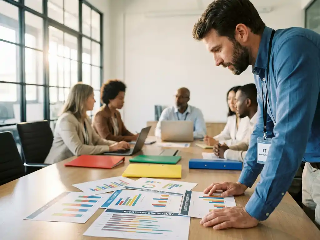 IT-Berater analysiert Kompetenzbeurteilungsdiagramme am Konferenztisch mit diversen Fachkräften und bunten Ordnern