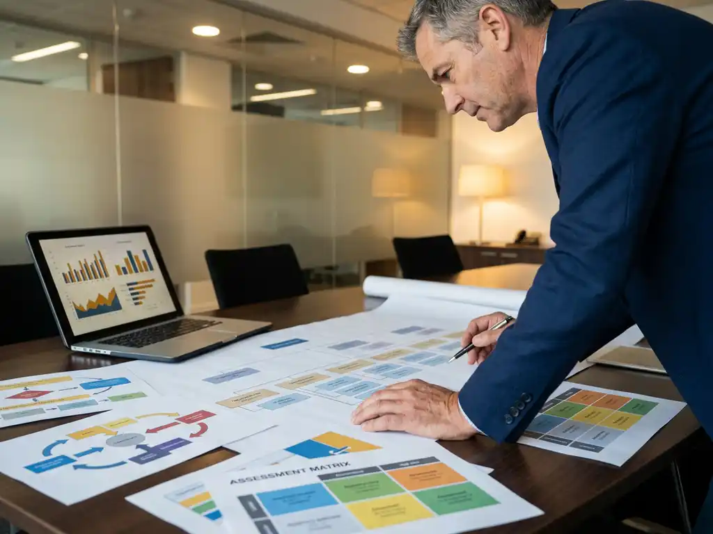 IT-Berater analysiert Organigramm und Datenfluss-Diagramme am Konferenztisch mit Laptop und Analytics-Dashboards